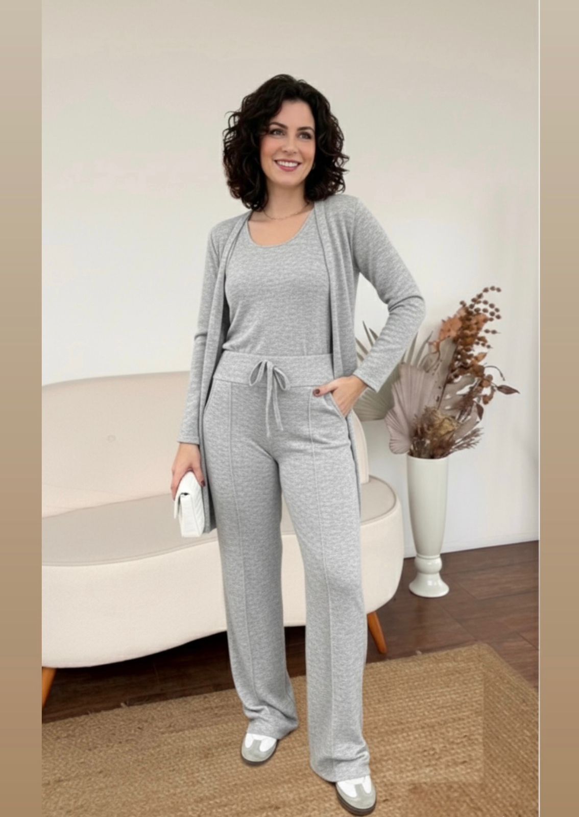 Conjunto Feminino 3 Peças: Cardigan Longo, Blusa e Calça Pantalona