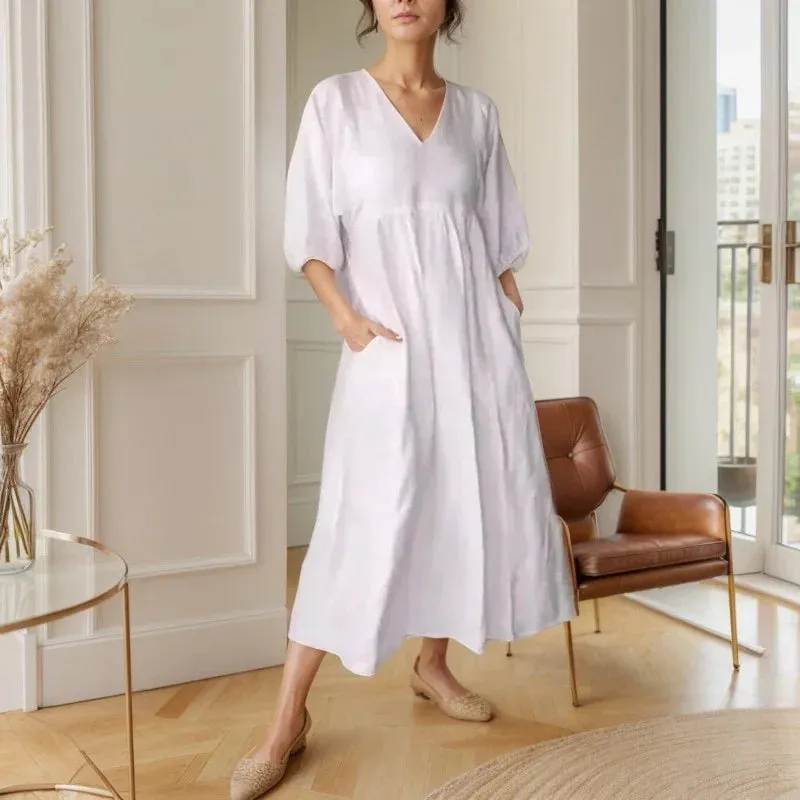 Vestido Alma Livre™ em Linho de Algodão com Gola V e Manga Ampla