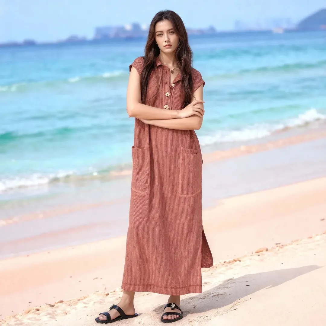 Vestido Lucelli™ Em Tecido Modal Plissado com Acabamento Artesanal
