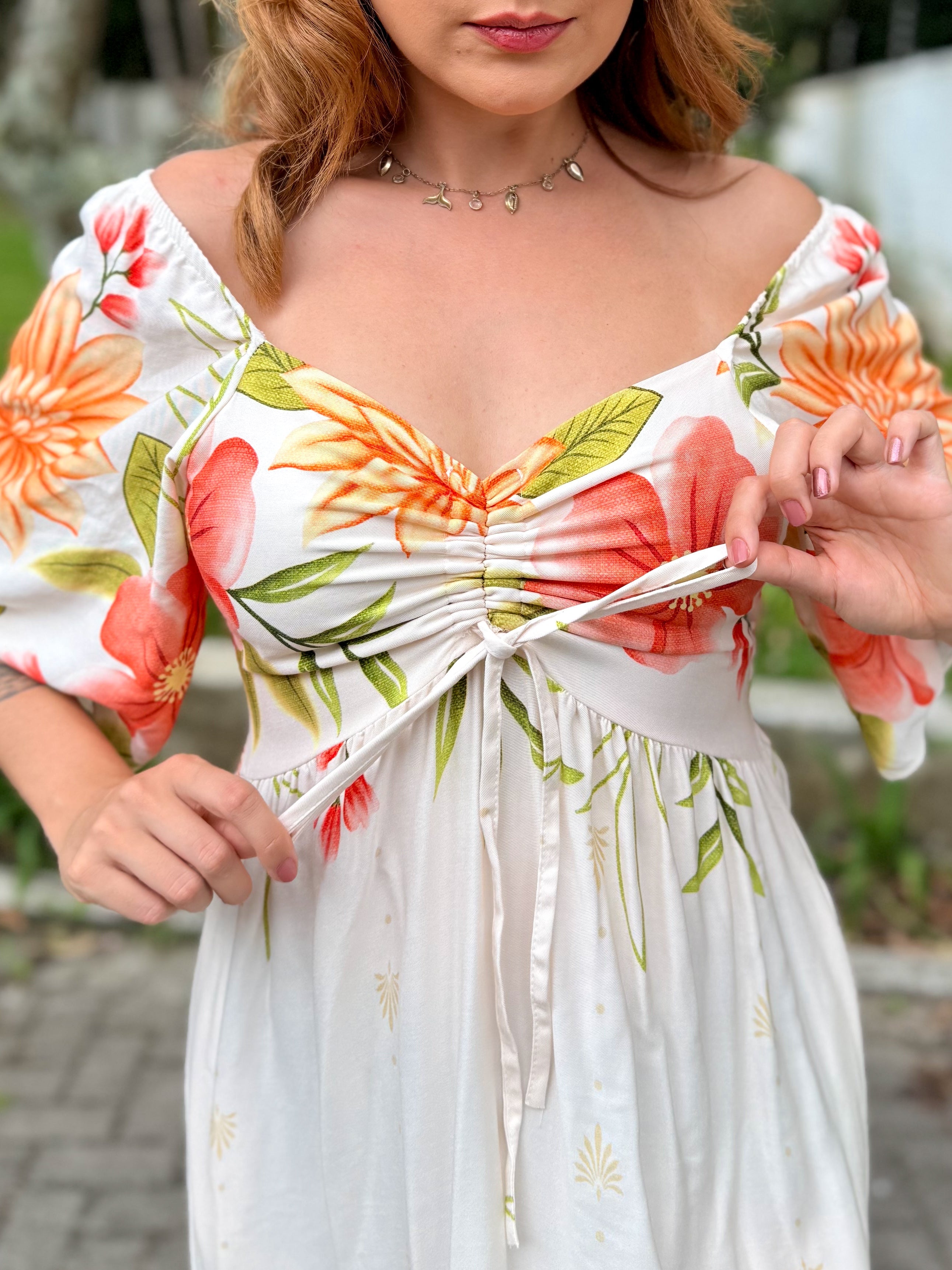 Vestido Estampado com Bolsos e Manga Sol