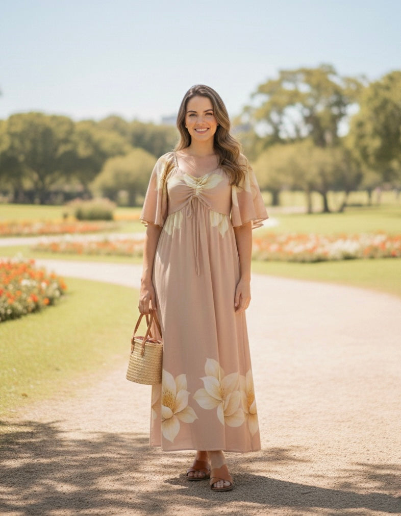 Vestido Estampado com Bolsos e Manga Sol