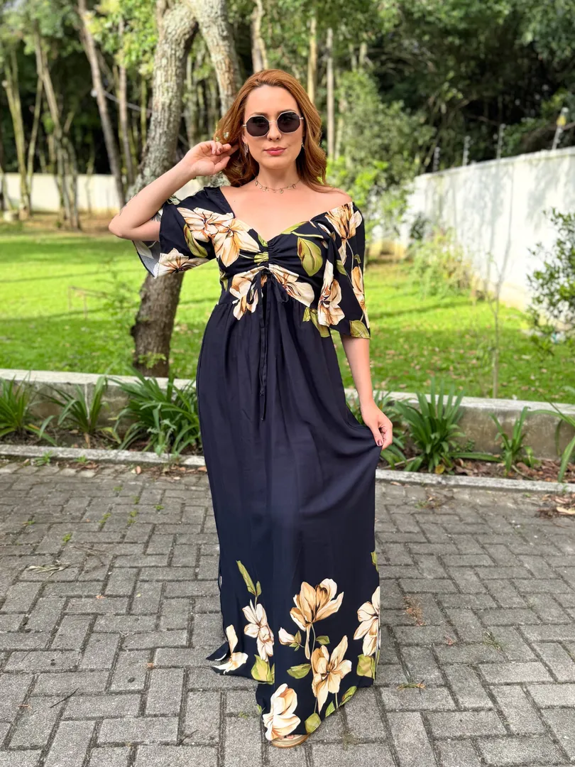 Vestido Estampado com Bolsos e Manga Sol