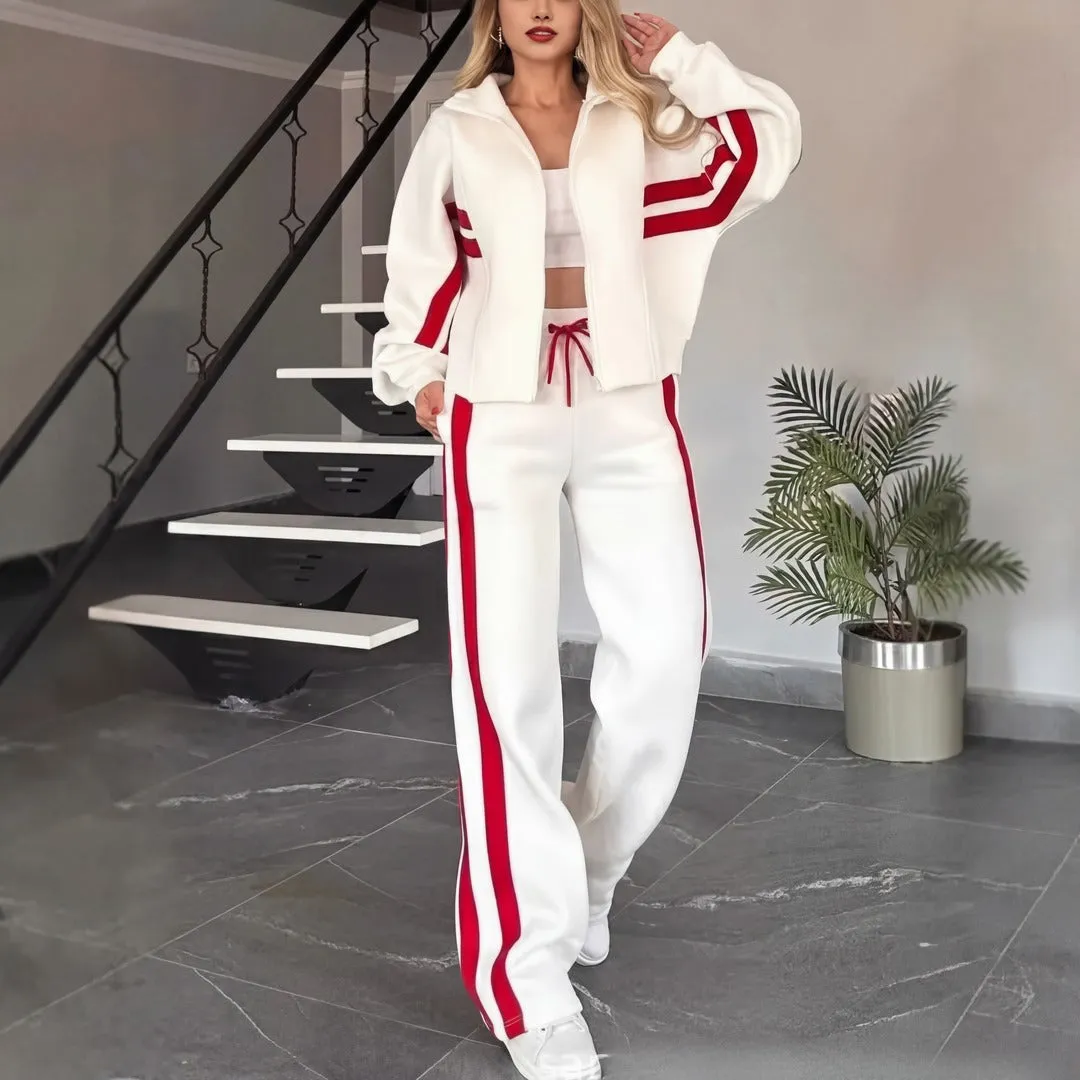 Conjunto Angelina™ com Jaqueta de Gola Alta e Listras Modernas