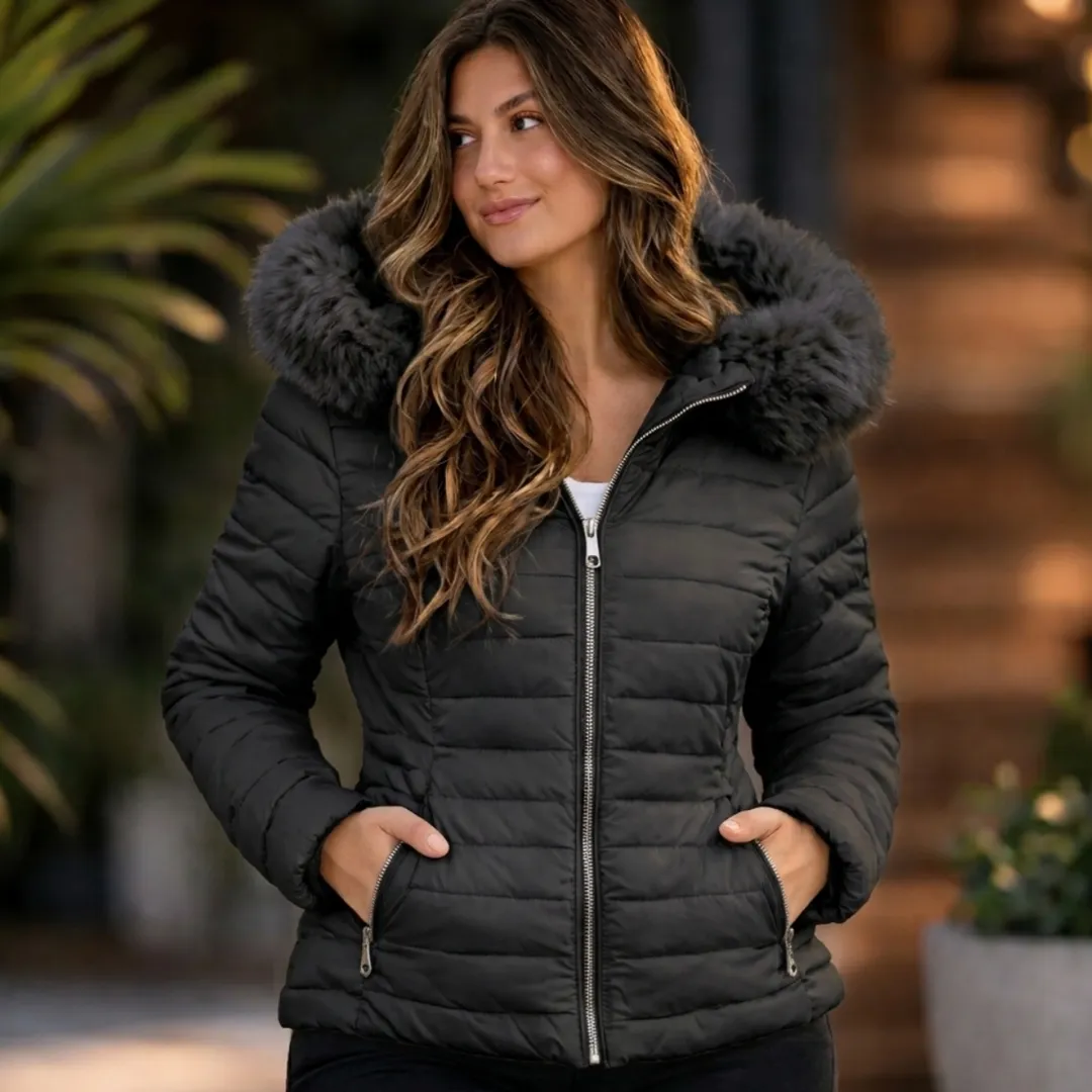 Jaqueta Puffer Forrada Impermeável com Capuz de Pelinho - Premium
