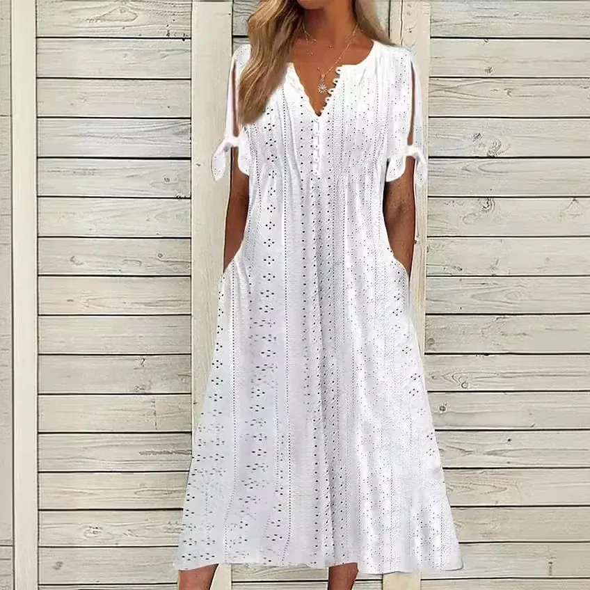 Vestido de Renda Jana - Gola em V de Manga Curta (Verão 2026)