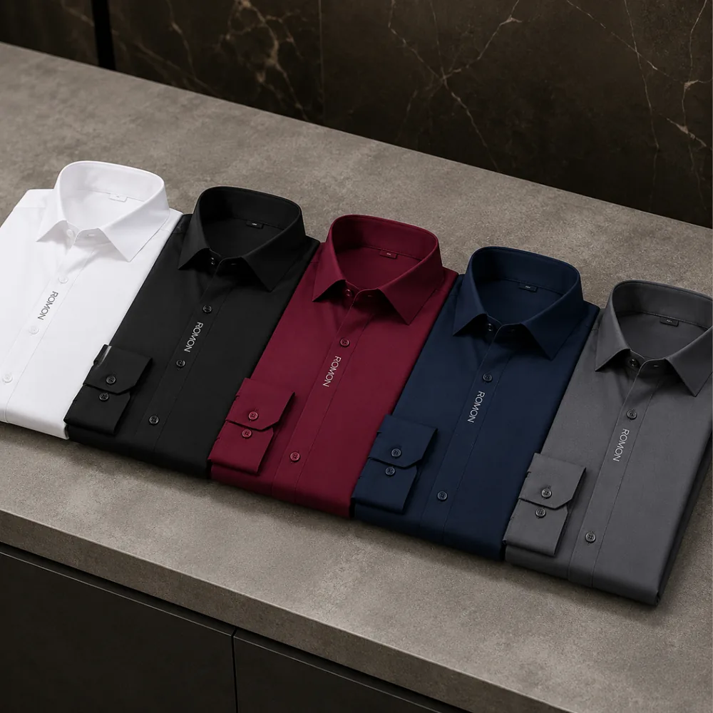Kit com 5 camisas em seda gelada: branca, preta, vinho, azul-marinho e cinza