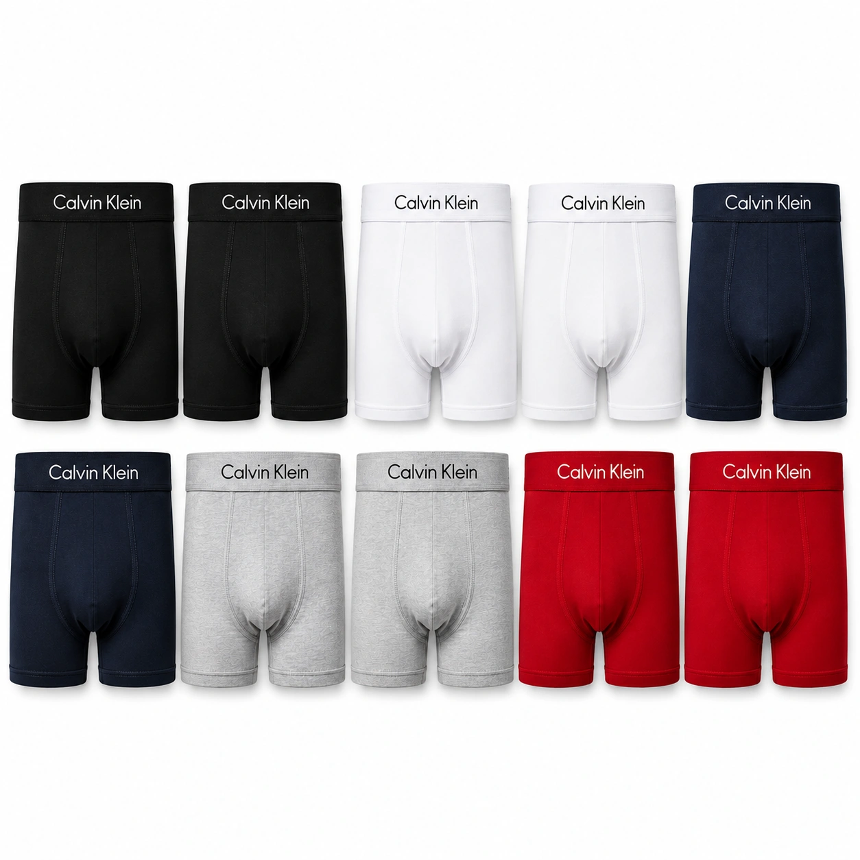 Kit com 10 cuecas boxer: 2 pretas, 2 cinzas, 2 brancas, 2 vermelhas e 2 azul-marinho