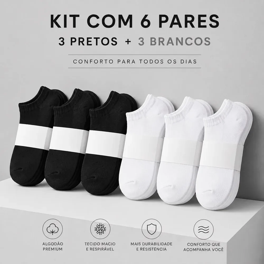 Kit 6 pares de meias soquete: 3 pretas e 3 brancas
